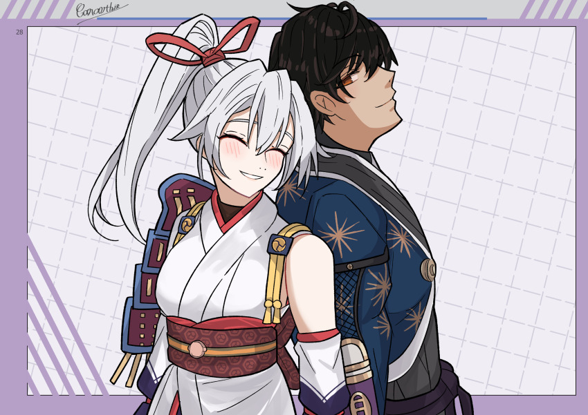 1boy 1girl armor bare_shoulders black_hair blush breasts brown_eyes caravthir closed_eyes fate/grand_order fate/samurai_remnant fate_(series) highres husband_and_wife japanese_armor japanese_clothes large_breasts ponytail rogue_saber_(fate/samurai_remnant) shoulder_armor signature smile tomoe_gozen_(fate) white_hair