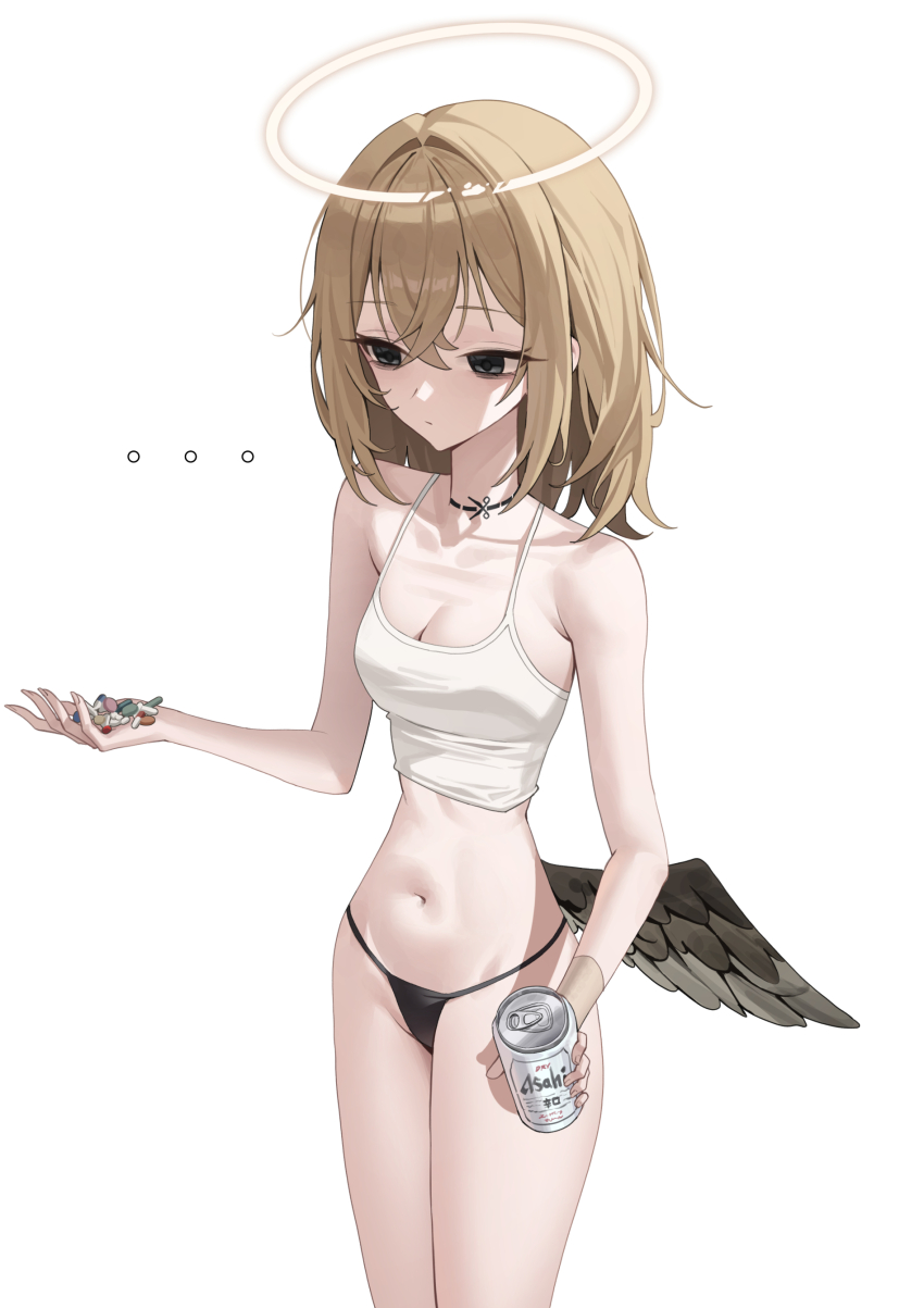 ... 1girl absurdres black_eyes black_panties blonde_hair breasts broken_halo camisole can drugs fallen_angel hair_between_eyes halo highres holding holding_can long_hair low_wings mansu_(user_pnmp4287) navel neck_tattoo no_pants original panties pill single_wing small_breasts tattoo underwear white_background white_camisole wings