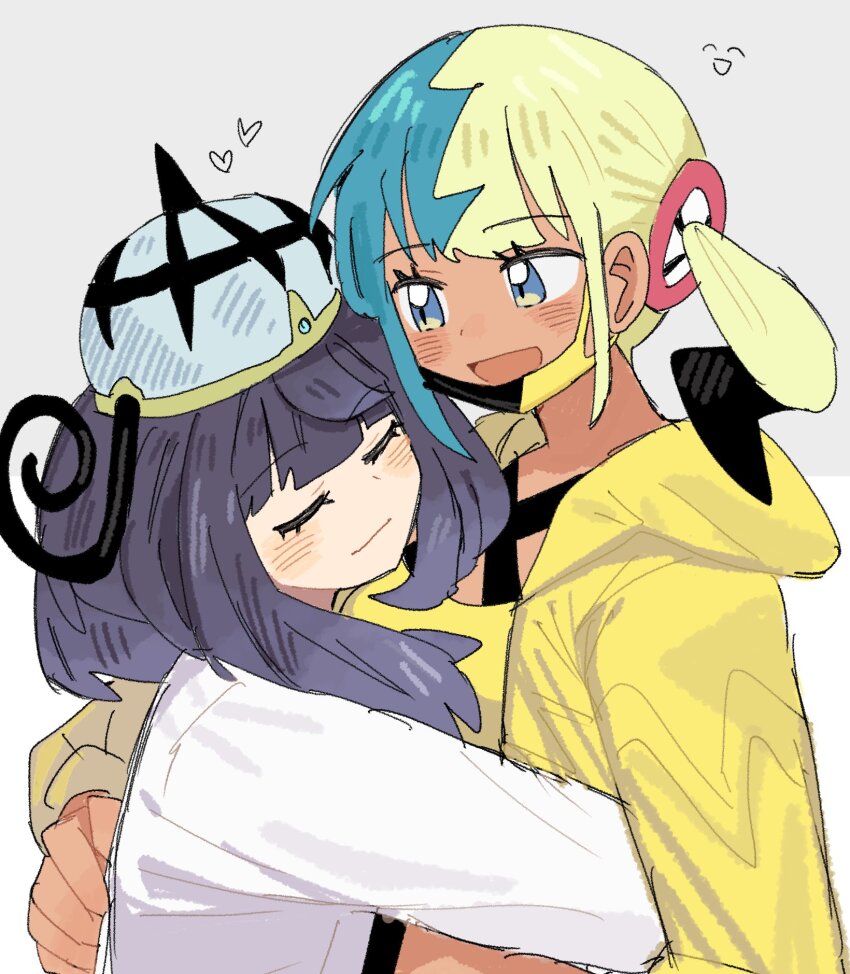 2girls :d black_hair blonde_hair blue_hair blush canari_(pokemon) closed_eyes closed_mouth coat crop_top dark-skinned_female dark_skin eyelashes gwynn_(pokemon) han0579 hat heart highres hug jacket long_sleeves looking_at_another multicolored_hair multiple_girls nintendo open_mouth pokemon pokemon_legends:_z-a purple_hair short_hair smile split-color_hair upper_body white_coat yellow_jacket yuri