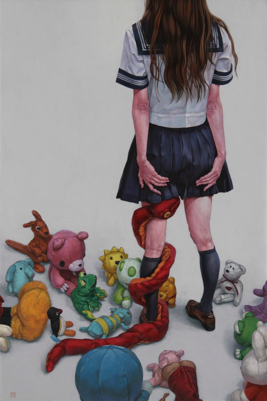 1girl brown_hair from_behind highres hori_kazuhiro kneehighs legs long_hair monster school_uniform serafuku serpent sexually_suggestive snake socks standing stuffed_animal stuffed_toy tagme teddy_bear tentacles toy
