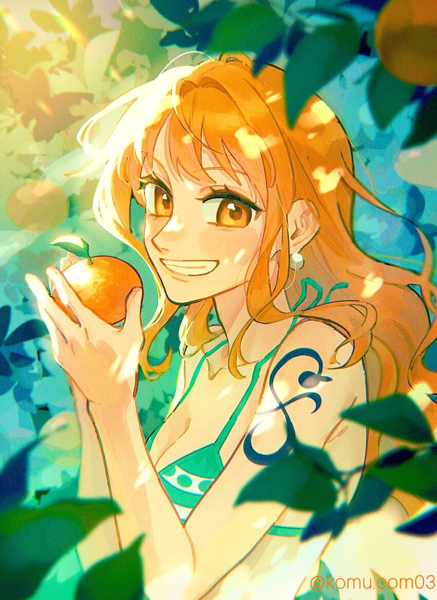 1girl bare_shoulders bikini bikini_top_only birthday breasts cleavage collarbone dappled_sunlight earrings food from_side fruit green_bikini grin halterneck highres holding holding_food holding_fruit jewelry komucom03 leaf long_hair looking_at_viewer looking_to_the_side mandarin_orange medium_breasts nami_(one_piece) one_piece orange_eyes orange_hair orange_tree pearl_earrings shoulder_tattoo smile solo sunlight swimsuit tattoo teeth twitter_username upper_body wavy_hair