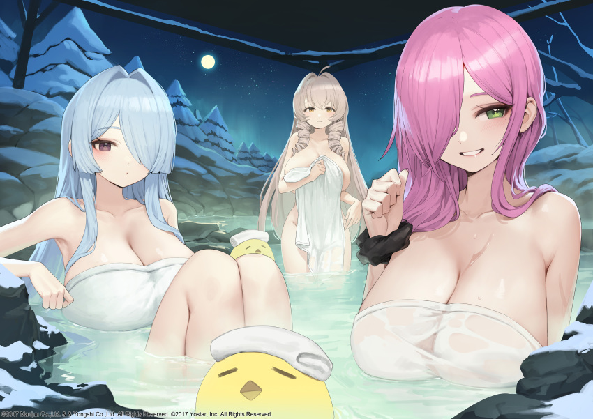 3girls absurdres andrea_doria_(azur_lane) azur_lane bare_shoulders bird black_ribbon black_scrunchie blue_hair blush breasts chick cleavage collarbone commentary_request covering_privates covering_breasts drill_hair drill_sidelocks forest full_moon green_eyes grey_hair grin groin hair_between_eyes hair_down hair_intakes hair_over_one_eye hair_ribbon hand_up highres large_breasts looking_at_viewer manjuu_(azur_lane) moon multiple_girls naked_towel nature night official_alternate_costume official_art onsen outdoors partially_submerged purple_eyes purple_hair ribbon romana scrunchie sidelocks sitting smile snow standing teeth towel towel_on_head trento_(azur_lane) trieste_(amore_termico)_(azur_lane) trieste_(azur_lane) wet wrist_scrunchie