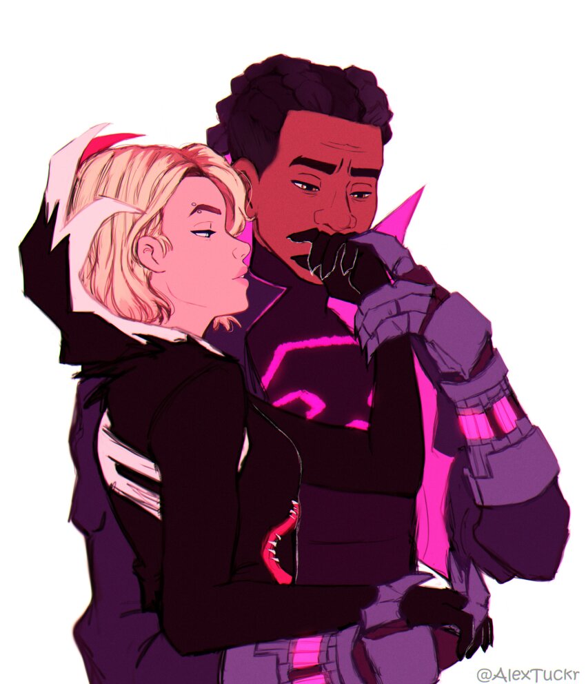 1boy 1girl absurdres alextucker artist_name blonde_hair costume couple curly_hair dreadlocks gwen_stacy highres marvel miles_g._morales miles_morales prowler_(marvel) signature simple_background spider-man:_across_the_spider-verse spider-man_(series) spider-verse twitter_username venom_(marvel)