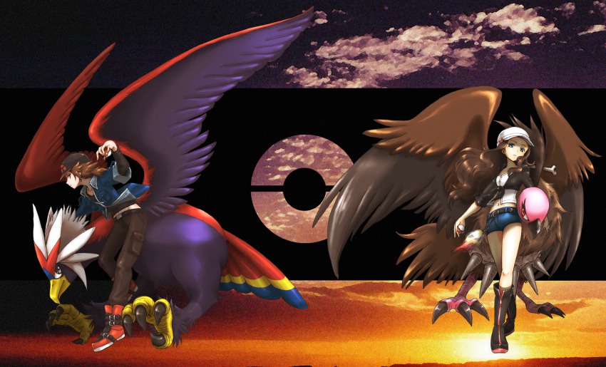 10s 1boy 1girl alternate_costume alternate_hairstyle bare_legs baseball_cap beak bird boots braviary brown_hair cloud gen_5_pokemon hat highres hilbert_(pokemon) hilda_(pokemon) holding holding_poke_ball jacket long_hair mandibuzz mariemon midriff nintendo poke_ball pokemon pokemon_(creature) pokemon_bw ponytail sunset wings