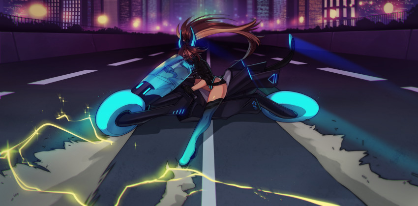 1girl akira_(manga) akira_slide biker_clothes black_leotard blue_horns boots brown_eyes brown_hair cityscape colored_inner_hair commentary covered_mouth cropped_jacket cyberpunk dracky drifting english_commentary full_body helixel helixel_(helixel) highres horns jacket leather leather_jacket leotard long_hair mask motor_vehicle motorcycle mouth_mask multicolored_hair neon_trim on_motorcycle original solo sparks tail thigh_boots thighhighs thong_leotard two-tone_hair very_long_hair