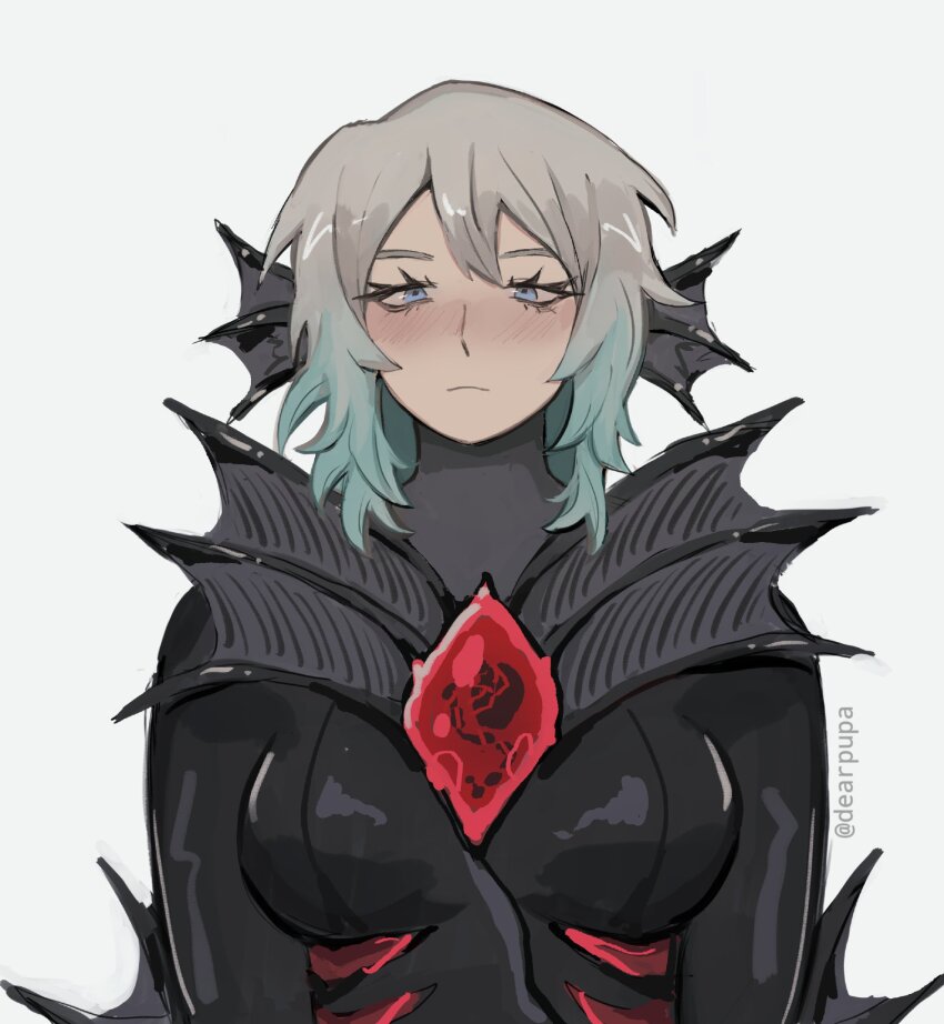 1girl black_bodysuit blue_eyes blue_hair bodysuit closed_mouth dearpupa e.g.o_(project_moon) faust_(project_moon) fins fluid_sac_(e.g.o) gem gradient_hair head_fins highres limbus_company looking_at_viewer multicolored_hair project_moon red_gemstone short_hair simple_background solo upper_body white_background white_hair