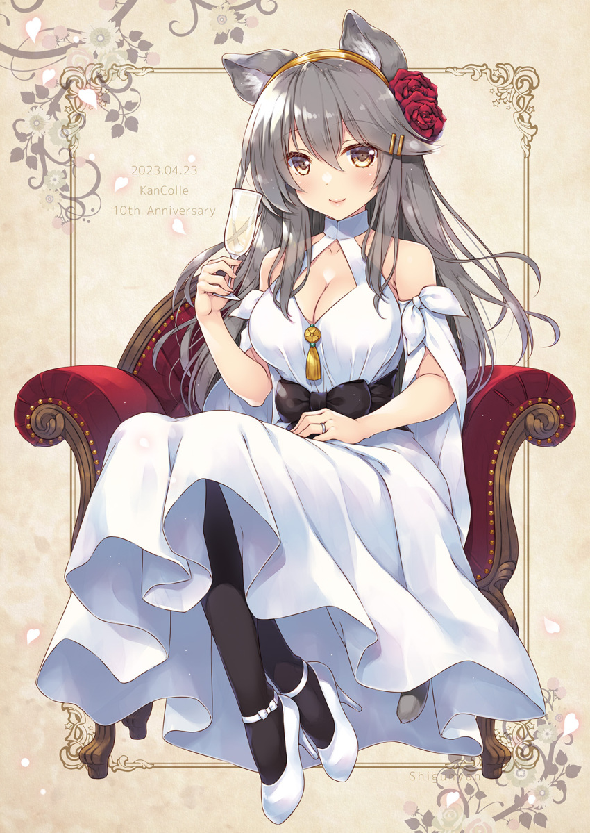 1girl animal_ears anniversary black_pantyhose breasts brown_eyes champagne_flute cleavage cosplay couch cup dog_ears dress drinking_glass grey_hair hair_flaps haruna_(kancolle) highres kantai_collection kongou_(kancolle) kongou_(kancolle)_(cosplay) large_breasts long_hair pantyhose shigunyan sitting solo white_dress white_footwear