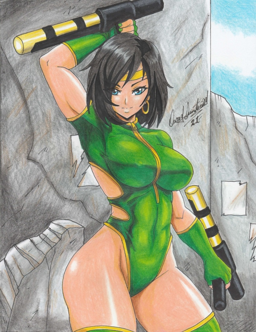 1girl 2021 arm_up black_hair black_orchid blue_eyes breasts covered_navel earrings fingerless_gloves gloves green_gloves green_leotard green_nails highres holding holding_weapon hoop_earrings jewelry killer_instinct large_breasts leotard medium_hair outdoors ravernclouk_design ruins short_sleeves solo thick_thighs thighhighs thighs tonfa traditional_media weapon