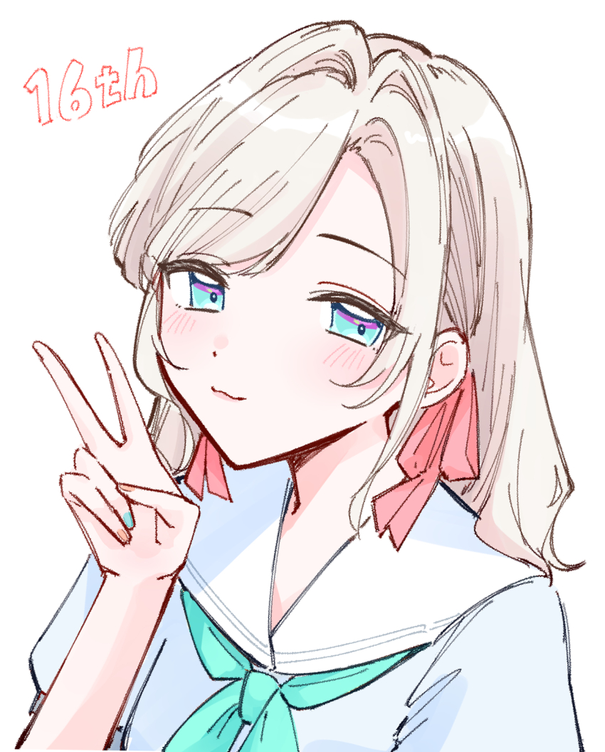 1girl aqua_neckerchief blue_dress blue_eyes blush ceras_yanagida_lilienfeld character_age commentary dress grey_hair hair_ribbon hashtag-only_commentary hasu_no_sora_school_uniform highres link!_like!_love_live! long_hair looking_at_viewer love_live! neckerchief pink_ribbon puffy_short_sleeves puffy_sleeves ribbon sailor_collar school_uniform short_sleeves simple_background solo summer_uniform v virtual_youtuber white_background white_sailor_collar zangemiya