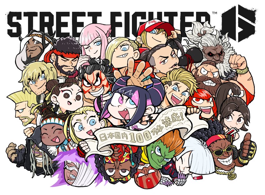 6+boys 6+girls a.k.i._(street_fighter) absurdres akuma_(street_fighter) beard blanka cammy_white capcom chibi chibi_only chun-li colored_skin copyright_name dark-skinned_female dark-skinned_male dark_skin dee_jay ed_(street_fighter) everyone evil_smile facial_hair facial_tattoo fang fatal_fury green_skin guile hair_horns han_juri headband heterochromia highres hood jamie_siu jp_(street_fighter) kangyaku ken_masters kimberly_jackson lily_hawk logo luke_sullivan m._bison manon_legrand marisa_(street_fighter) milestone_celebration multiple_boys multiple_girls official_art open_mouth pale_skin rashid_(street_fighter) ryu_(street_fighter) scar scar_on_face scarf shiranui_mai simple_background smile smirk spiked_hair street_fighter street_fighter_6 sunglasses tattoo terry_bogard thumbs_up turban zangief