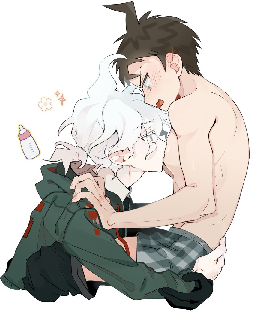 2boys absurdres ahoge black_gloves black_necktie blush brown_hair clothes_pull collared_shirt danganronpa_(series) danganronpa_2:_goodbye_despair gloves green_jacket highres hinata_hajime hood hood_down hooded_jacket hug jacket komaeda_nagito male_focus male_underwear medium_hair messy_hair multiple_boys necktie okamotoo open_mouth pants pants_pull plaid_clothes plaid_male_underwear ponytail shirt short_hair white_background white_hair yaoi