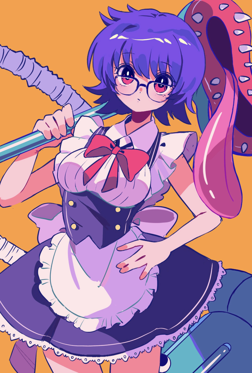 1girl apron black-framed_eyewear black_hair blinky_(hunter_x_hunter) bow cowboy_shot glasses hand_on_own_hip highres hunter_x_hunter looking_at_viewer maid maid_apron nen_(hunter_x_hunter) orange_background pink_bow pink_eyes sanamaru_(sana79261827) shizuku_murasaki short_hair simple_background sleeveless solo vacuum_cleaner