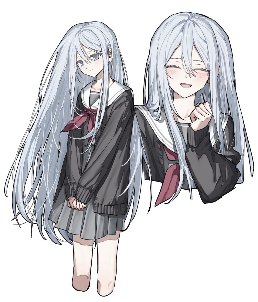 1girl absurdres black_sweater blue_eyes blush cardigan clenched_hand closed_eyes closed_mouth fujo0t4ku grey_pupils grey_serafuku grey_skirt highres long_hair neckerchief open_cardigan open_clothes open_mouth own_hands_together pleated_skirt project_sekai red_neckerchief sailor sailor_collar school_uniform serafuku simple_background skirt smile solo sweater very_long_hair white_background white_sailor_collar yoisaki_kanade