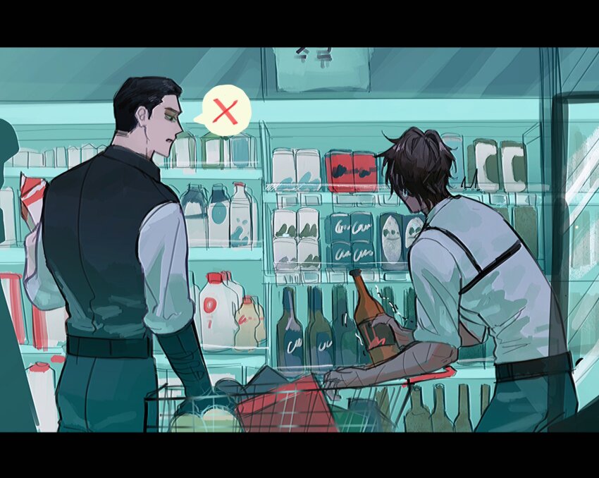2boys belt black_belt black_gloves black_pants black_vest bottle brown_hair can chanil_(muexlku) chest_harness commentary_request cowboy_shot gauntlets gloves hair_slicked_back harness heathcliff_(project_moon) highres holding holding_bottle indoors jug_(bottle) korean_commentary limbus_company long_sleeves meursault_(project_moon) multiple_boys open_mouth pants project_moon shirt supermarket sweat trembling vest white_shirt