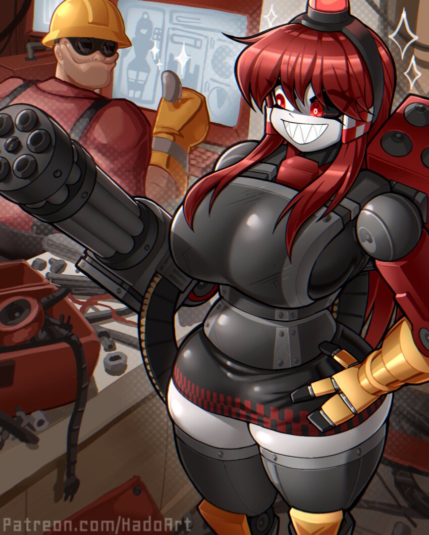 1boy 1girl :d android artist_name breasts commentary computer engineer_(tf2) english_commentary gatling_gun gloves goggles grin gun hado_(zzzhadozzz) hand_on_own_hip hard_hat helmet highres large_breasts long_hair mimi-sentry_(flyingpiggles) minigun monitor open_mouth overalls patreon_username red_engineer_(tf2) red_eyes red_hair red_shirt sharp_teeth shirt smile team_fortress_2 teeth thumbs_up weapon yellow_gloves