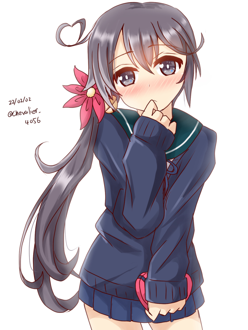 1girl ahoge akebono_(kancolle) bell blue_sailor_collar blue_skirt blue_sweater box commentary_request dated flower hair_bell hair_flower hair_ornament heart heart_ahoge highres jingle_bell kantai_collection long_hair looking_at_viewer one-hour_drawing_challenge pleated_skirt purple_eyes purple_hair sailor_collar sawatani_(chevalier_04056) school_uniform serafuku side_ponytail simple_background skirt solo standing sweater twitter_username very_long_hair white_background