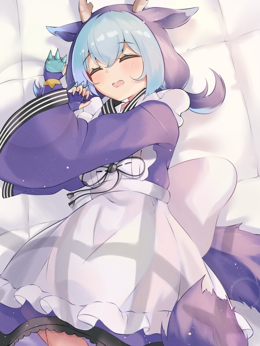 1girl absurdres apron blue_hair blush card_game closed_eyes dragon_girl dragon_horns dragon_tail duel_monster eastern_dragon_horns fingerless_gloves frilled_apron frills gloves highres horns japanese_clothes laundry_dragonmaid long_sleeves lying maid maid_apron mikami_rei on_bed open_mouth shade short_twintails sleeping tail twintails wa_maid white_apron window_shadow yu-gi-oh!