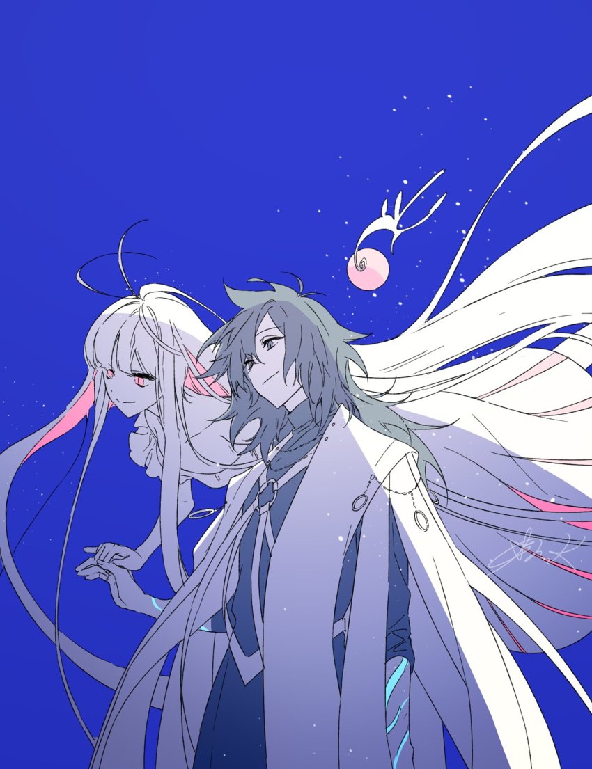 1boy 1girl alternate_hair_color alternate_hairstyle arm_tattoo black_hair blue_background blue_shirt commentary couple dress fate/grand_order fate_(series) feet_out_of_frame flying haruu_shun highres light_particles long_hair long_sleeves looking_away no_gloves official_alternate_costume oryou_(fate) oryou_(lancer)_(fate) sakamoto_ryouma_(fate) sakamoto_ryouma_(lancer)_(fate) shirt signature simple_background smile tattoo very_long_hair white_dress white_hair