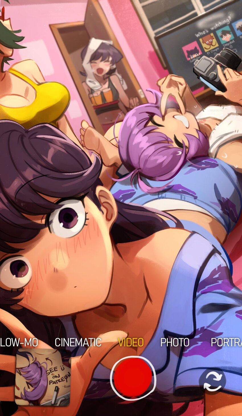 1other 3girls :d ^_^ absurdres agari_himiko blue_shirt blush breasts camisole cleavage closed_eyes commentary english_commentary grin highres khyle. komi-san_wa_komyushou_desu komi_shouko komi_shuuko large_breasts looking_at_viewer mature_female multiple_girls nose_blush open_mouth osana_najimi_(komi-san_wa_komyushou_desu) purple_hair shirt smile towel towel_on_head
