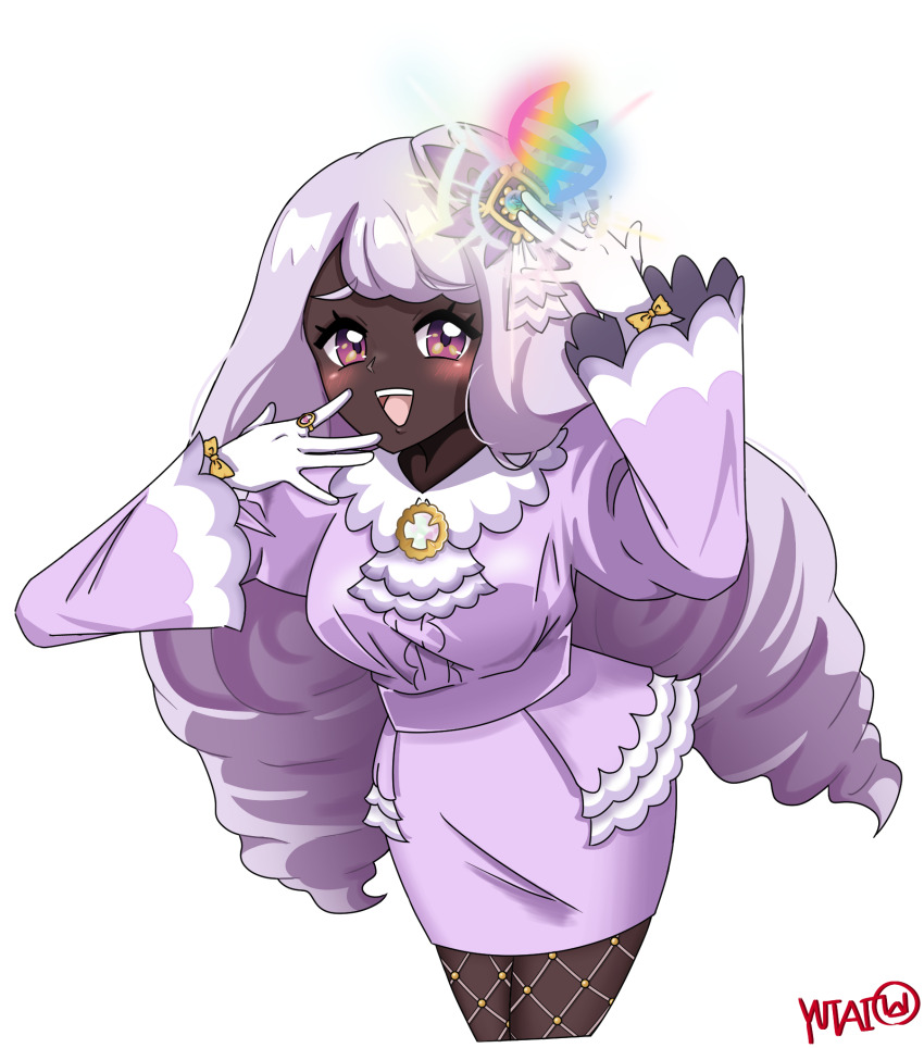 1girl :d blush bow commentary dark-skinned_female dark_skin dress eyelashes fishnet_pantyhose fishnets gloves hair_ornament happy highres hy_yutai jacinthe_(pokemon) long_hair long_sleeves nintendo open_mouth pantyhose pokemon pokemon_legends:_z-a purple_dress smile solo teeth tongue transparent_background upper_teeth_only white_gloves yellow_bow