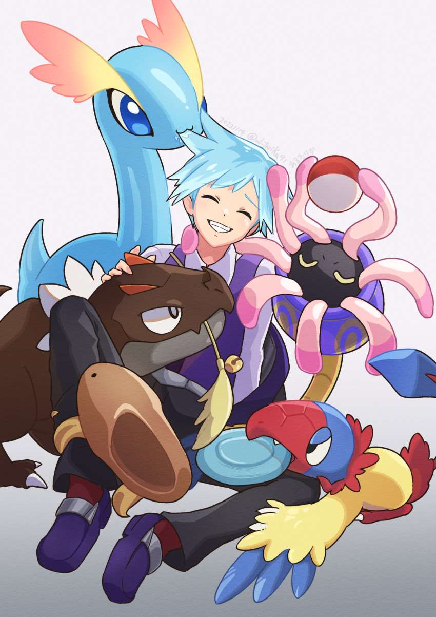 1boy amaura archen arutarika_(ri_kaoekaki) black_pants blue_hair closed_eyes collared_shirt commentary_request eating_hair gen_3_pokemon gen_5_pokemon gen_6_pokemon gradient_background grin happy highres lileep male_focus nibbling nintendo pants pokemon pokemon_(creature) pokemon_oras purple_footwear purple_vest red_socks shirt shoes short_hair smile socks steven_stone teeth twitter_username tyrunt vest white_shirt