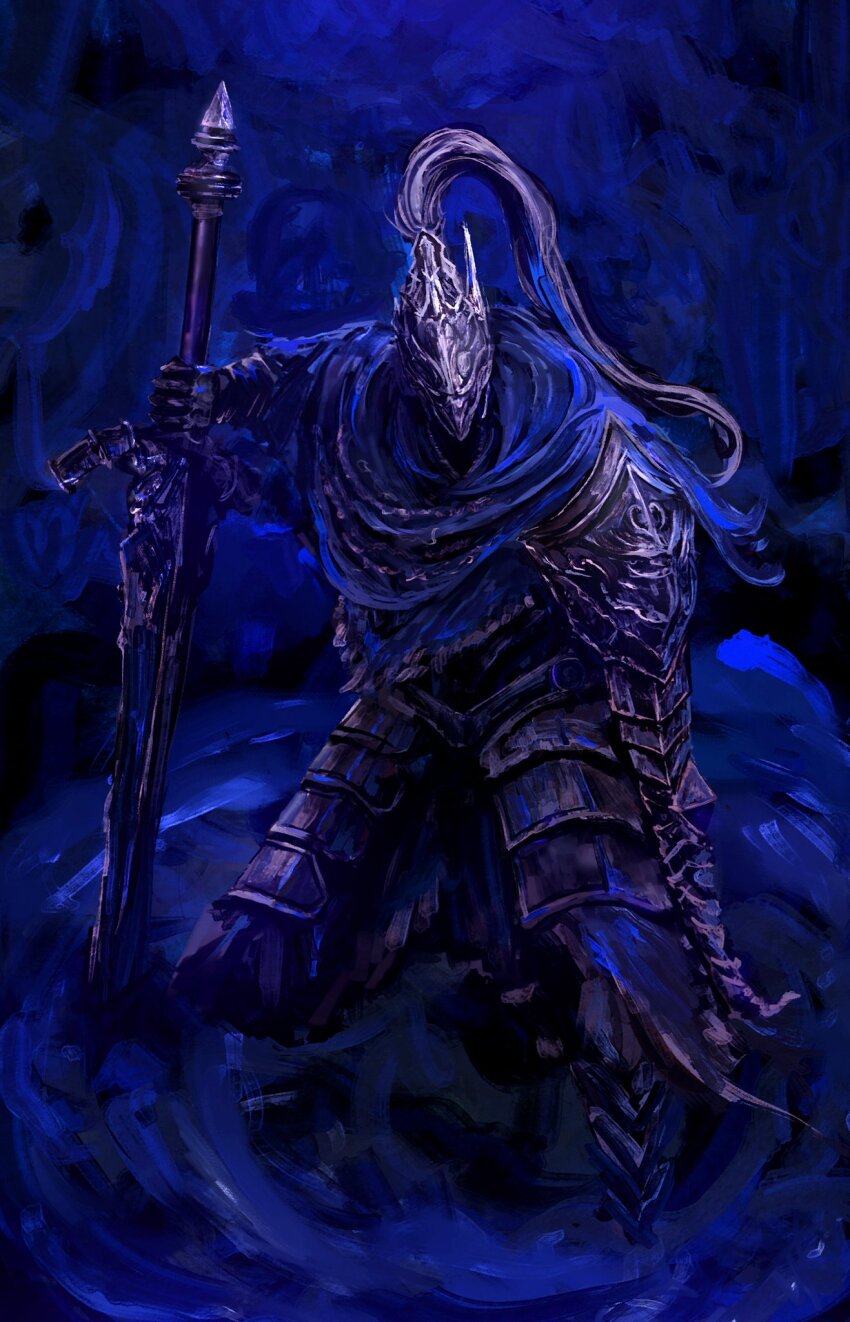 1boy armor artorias_the_abysswalker cape commentary dark_souls_(series) dark_souls_i english_commentary faulds from_above full_armor gauntlets graffitigw greatsword helm helmet highres holding holding_sword holding_weapon knight pauldrons planted planted_sword planted_weapon plume shoulder_armor solo squatting sword torn_cape torn_clothes weapon