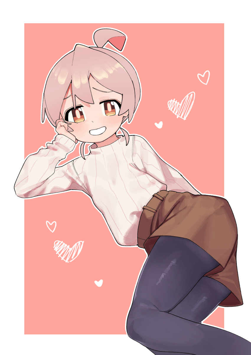 1girl absurdres ahoge araimelon black_pantyhose brown_eyes brown_shorts commentary english_commentary grin heart highres long_sleeves lying on_side onii-chan_wa_oshimai! outline oyama_mahiro pantyhose pantyhose_under_shorts pink_background pink_hair ribbed_shirt shirt short_hair short_shorts shorts simple_background smile smug solo white_outline white_shirt
