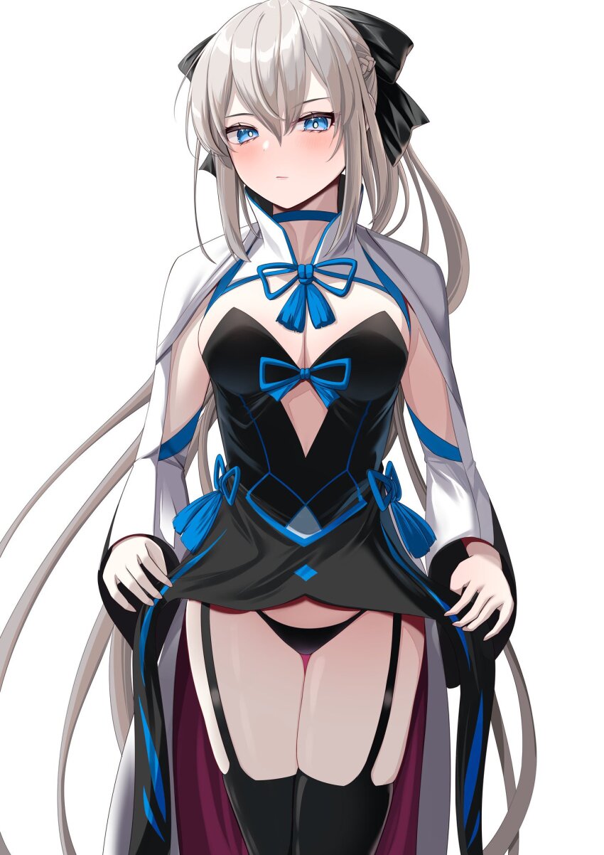 1girl black_bow black_dress black_panties blue_eyes blush bow braid breasts center_opening closed_mouth clothes_lift clothing_cutout dress fate/grand_order fate_(series) full_body grey_hair hair_between_eyes hair_bow half_up_braid highres large_breasts long_hair long_sleeves looking_at_viewer morgan_le_fay_(fate) morgan_le_fay_(first_ascension)_(fate) nigori_(keydoor) panties ponytail sidelocks simple_background skirt skirt_lift solo stomach_cutout thighs underwear very_long_hair white_background