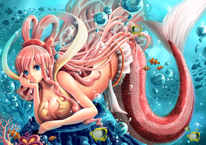 1girl angelfish animal bikini blue_eyes breasts bubble cleavage clownfish coral earrings female_focus fins fish fish_tail fishman_island frilled_bikini frills hair_ornament hairclip head_rest jewelry large_breasts long_hair looking_at_viewer mermaid monster_girl ocean one_piece pink_hair princess scales shirahoshi silhouette solo striped_tail swimsuit tail tropical_fish underwater very_long_hair water yellow_bikini yumiyokiak