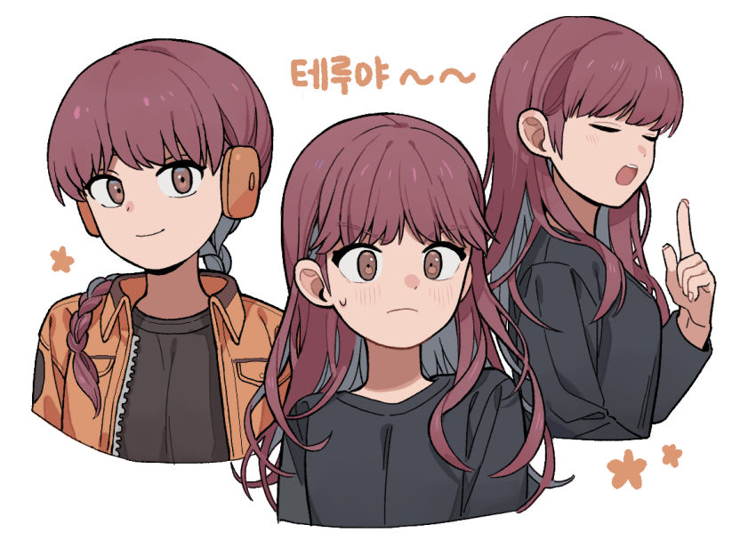 1girl blush braid braided_ponytail breasts brown_eyes closed_mouth cropped_torso hair_down hair_over_shoulder hand_up headphones index_finger_raised jacket kakizaki_squad&#039;s_uniform looking_at_viewer multiple_views nana_0253 open_mouth orange_jacket simple_background single_braid small_breasts teruya_fumika white_background world_trigger