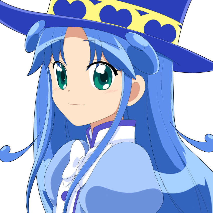 1girl absurdres aqua_eyes blue_coat blue_hair blue_hat bow bowtie buttons chaimaou closed_mouth coat commentary curly_hair curtained_hair dot_nose from_side fushigiboshi_no_futago_hime gold_trim hat highres light_blush long_hair long_sleeves looking_at_viewer low-tied_long_hair parted_bangs portrait puffy_long_sleeves puffy_sleeves rein_(futagohime) simple_background smile solo standing top_hat white_background white_bow white_bowtie