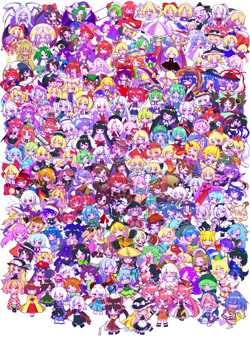 2others 3boys 6+girls absolutely_everyone absurdres ahoge ajirogasa aki_minoriko aki_shizuha alice_margatroid alice_margatroid_(pc-98) anchor_symbol animal_ears asakura_rikako asymmetrical_wings bat_wings beret bird_wings bishamonten&#039;s_pagoda bishamonten&#039;s_spear black_hair black_hat black_sun blonde_hair blonde_makai_resident_(touhou) blue_eyes blue_hair blue_hat blunt_bangs book bow bowl bowl_hat braid bright_pupils brown_hair bun_cover cat cat_ears character_request checkered_clothes checkered_kimono chen chibi cirno closed_eyes clownpiece commentary_request cow_ears crystal_wings cuffs cup daiyousei dalachi_(headdress) disembodied_hand dog_ears doremy_sweet double_bun dress drill_hair ebisu_eika elis_(touhou) ellen_(touhou) elly_(touhou) eternity_larva everyone evil_eye_sigma ex-keine ex-rika eyewear_on_head fairy_of_the_rainy_season flandre_scarlet fox_ears fox_girl frilled_shawl frills fujiwara_no_mokou futatsuiwa_mamizou gengetsu_(touhou) glasses gohei goutokuji_mike green_eyes green_hair green_hat grey_hair hair_bow hair_bun hair_ornament hair_ribbon hairband hakurei_reimu hakurei_reimu_(pc-98) haniyasushin_keiki hat hata_no_kokoro headdress headscarf hecatia_lapislazuli hieda_no_akyuu highres hijiri_byakuren himekaidou_hatate himemushi_momoyo hinanawi_tenshi holding holding_book holding_cup holding_gohei hong_meiling horikawa_raiko horns hoshiguma_yuugi houjuu_nue houraisan_kaguya ibaraki_douji&#039;s_arm ibaraki_douji_(touhou) ibaraki_kasen ibuki_suika iizunamaru_megumu imaizumi_kagerou inaba_tewi instrument inubashiri_momiji izayoi_sakuya jacket_girl_(dipp) japanese_clothes joutouguu_mayumi junko_(touhou) kaenbyou_rin kagiyama_hina kaku_seiga kamishirasawa_keine kana_anaberal karakasa_obake kasodani_kyouko kawashiro_nitori kazami_yuuka kazami_yuuka_(pc-98) keyboard_(instrument) kicchou_yachie kijin_seija kikuri_(touhou) kimono kirisame_marisa kirisame_marisa_(pc-98) kishin_sagume kisume kitashirakawa_chiyuri kochiya_sanae komakusa_sannyo komano_aunn komeiji_koishi komeiji_satori konngara_(touhou) konpaku_youmu kotohime_(touhou) kumoi_ichirin kurodani_yamame kurokoma_saki kurumi_(touhou) label_girl_(dipp) leaf_hair_ornament letty_whiterock lily_white long_hair louise_(touhou) luna_child lunasa_prismriver lyrica_prismriver mai_(touhou) maribel_hearn matara_okina matenshi_(touhou) medicine_melancholy meira_(touhou) merlin_prismriver mima_(touhou) mimi-chan mitsugashira_enoko miyadeguchi_mizuchi miyako_yoshika mizuhashi_parsee mob_cap mononobe_no_futo morichika_rinnosuke moriya_suwako motoori_kosuzu mouse_ears mugetsu_(touhou) multicolored_hair multiple_boys multiple_girls multiple_heads multiple_others multiple_wings murasa_minamitsu mystia_lorelei nagae_iku nazrin nippaku_zanmu nishida_satono niwatari_kutaka noroiko okazaki_yumemi okunoda_miyoi onozuka_komachi orange_(touhou) orange_hair pants parasol patchouli_knowledge pink-haired_makai_resident_(touhou) pink_eyes pink_hair pink_hat ponytail purple_eyes purple_hair purple_umbrella rabbit_ears red_eyes red_hair red_ribbon reisen_(touhou_bougetsushou) reisen_udongein_inaba reiuji_utsuho remilia_scarlet rengeteki_(touhou) ribbon rika_(touhou) ringo_(touhou) rope round_eyewear rumia ruukoto saigyouji_yuyuko sakata_nemuno sakazuki sara_(touhou) sariel_(touhou) satsuki_rin seiran_(touhou) sekibanki shameimaru_aya shanghai_doll shawl shide shiki_eiki shimenawa shingyoku_(female) shingyoku_(male) shingyoku_(touhou) shinki_(touhou) shirt short_hair side_braids sidelocks single_horn skirt soga_no_tojiko sokrates_(touhou) son_biten star_sapphire streaked_hair sukuna_shinmyoumaru sun sunglasses sunny_milk tabard tamatsukuri_misumaru tasotasoyan00 tatara_kogasa tate_eboshi teireida_mai tenkajin_chiyari tenkyuu_chimata third_eye tokiko_(touhou) tongue toramaru_shou touhou touhou_(pc-98) toutetsu_yuuma toyosatomimi_no_miko triangular_headpiece tsukumo_benben tsukumo_yatsuhashi twin_braids twin_drills two_side_up umbrella unzan usami_renko usami_sumireko ushizaki_urumi violin wakasagihime watatsuki_no_toyohime watatsuki_no_yorihime wayousei_(touhou) white_hair white_hat white_pupils wings wolf_ears wolf_girl wriggle_nightbug yagokoro_eirin yakumo_ran yakumo_yukari yamashiro_takane yasaka_kanako yatadera_narumi yellow_eyes yellow_kimono yin_yang_orb_(fairy) yomotsu_hisami yorigami_jo&#039;on yorigami_shion yuki_(touhou) yumeko_(touhou) yuugenmagan