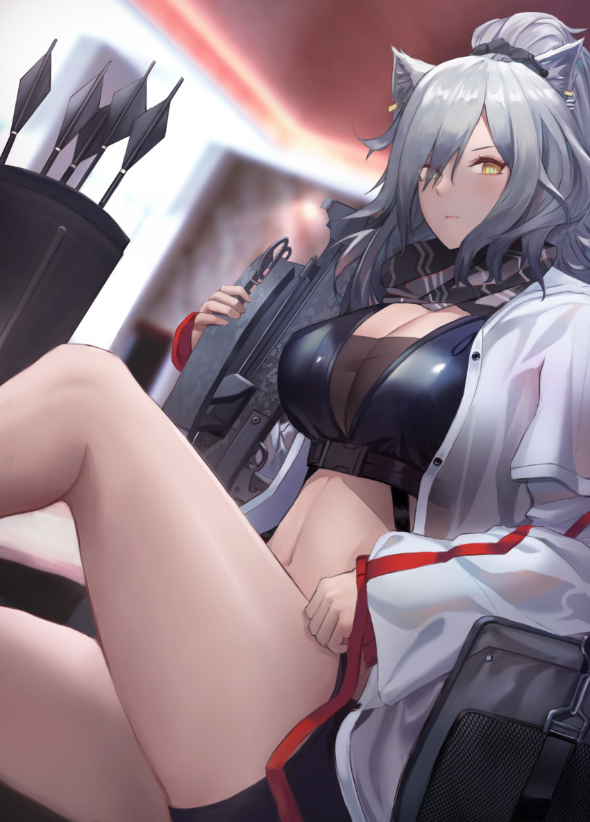 1girl animal_ears arknights arrow_(projectile) black_scarf blurry blurry_background breasts cat_ears cleavage commentary crop_top eru_(eru_illust) female_focus highres holding jacket large_breasts long_hair long_sleeves looking_at_viewer midriff navel open_clothes open_jacket quiver scarf schwarz_(arknights) silver_hair sitting solo stomach thighs white_jacket yellow_eyes