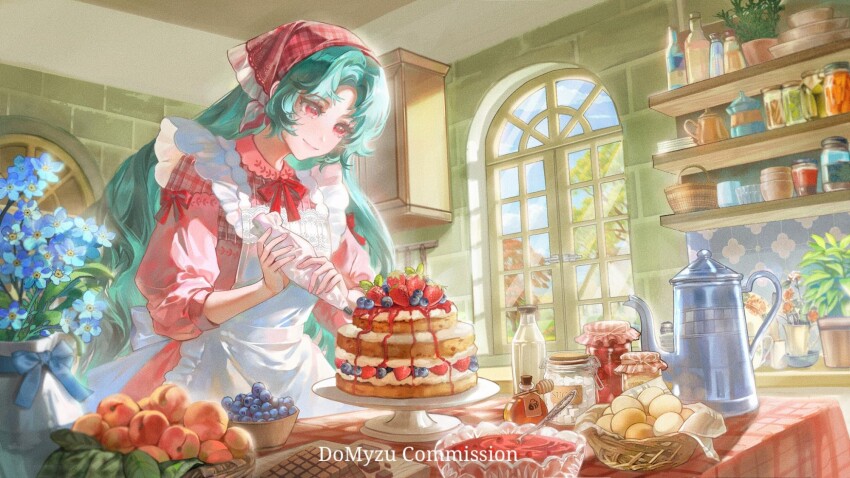 1girl apron basket blue_flower blueberry bow bowl cabinet cake closed_mouth commentary commission cutting_board day do_myzu dress egg english_commentary english_text flower food frilled_apron frills fruit green_hair hands_up headscarf highres holding holding_pastry_bag honey honey_dipper icing indoors jam jar kitchen long_hair looking_at_food looking_down original parted_bangs pastry_bag peach pink_dress plant potted_plant puffy_sleeves red_bow red_eyes red_headscarf shelf sleeve_bow smile solo spoon strawberry sugar_cube table tablecloth three-quarter_sleeves tree vase white_apron window