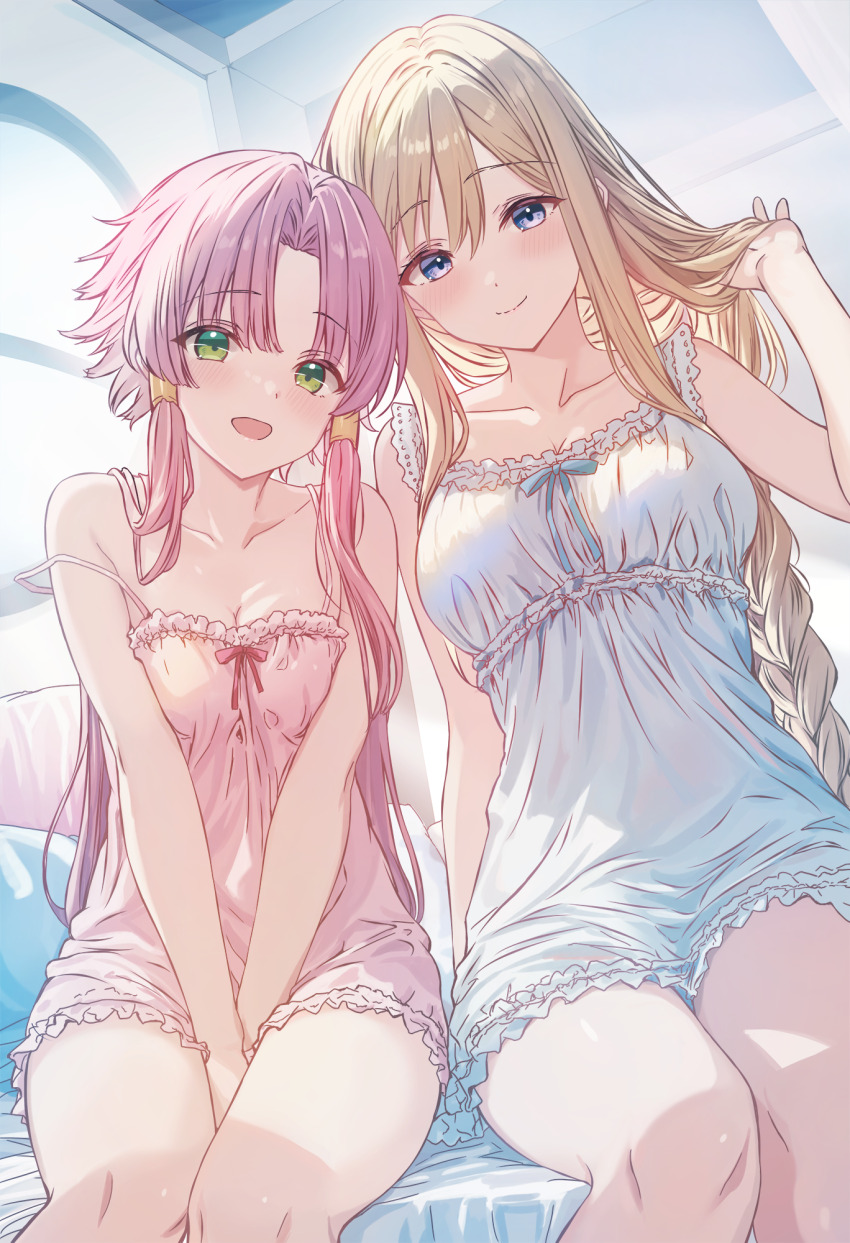 2girls alicia_florence aria_(manga) blonde_hair blue_eyes braid braided_ponytail breasts cleavage commentary_request cutlass_(classic_chocolate) green_eyes hair_tubes highres indoors lingerie long_hair looking_at_viewer medium_breasts mizunashi_akari multiple_girls negligee open_mouth pink_hair pink_negligee sitting small_breasts smile thighs underwear white_negligee