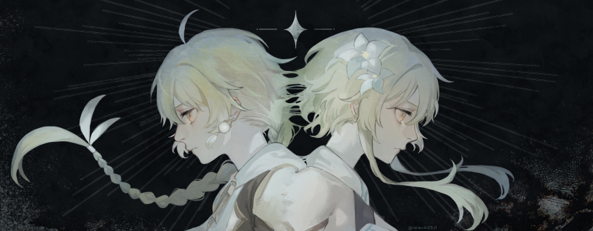 1boy 1girl aether_(genshin_impact) ahoge artist_name bare_shoulders black_background black_shirt blonde_hair braid breasts brother_and_sister closed_mouth dress earrings flower genshin_impact gold_trim hair_between_eyes hair_flower hair_ornament hair_ribbon highres jewelry kaimochi0839 long_hair looking_to_the_side lumine_(genshin_impact) medium_breasts orange_eyes ribbon scarf shirt short_hair short_hair_with_long_locks short_sleeves siblings sidelocks simple_background single_earring sleeveless sleeveless_dress star_(symbol) upper_body white_dress white_flower white_ribbon white_scarf