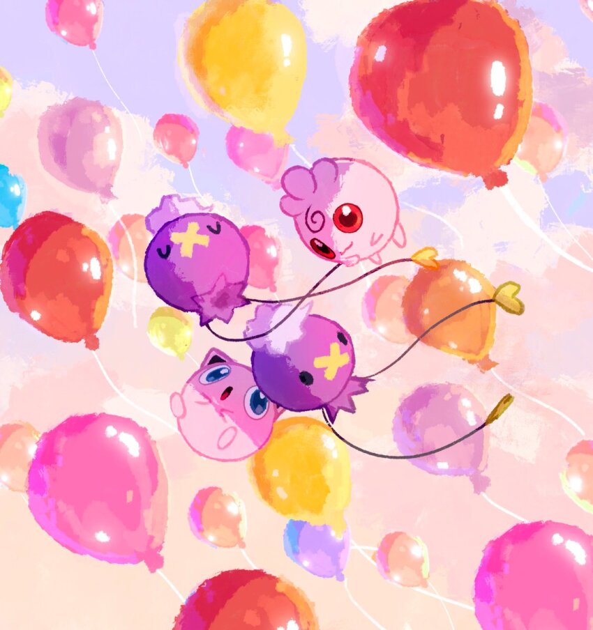 :3 :o aruco_co balloon black_eyes blue_eyes blue_sky bright_pupils closed_eyes closed_mouth cloud cloudy_sky commentary day drifloon english_commentary floating gen_1_pokemon gen_2_pokemon gen_4_pokemon highres igglybuff jigglypuff nintendo no_humans open_mouth outdoors pokemon pokemon_(creature) red_eyes sky smile solid_oval_eyes u_u white_pupils
