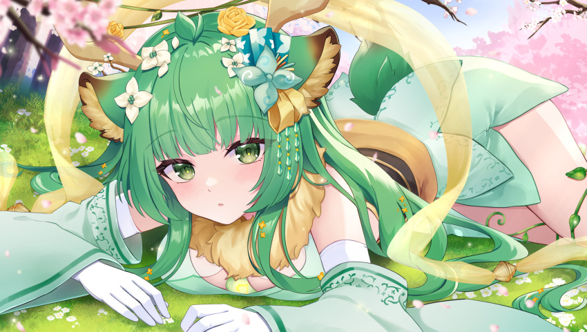 1girl ahoge animal_ear_fluff animal_ears antlers blunt_bangs breasts cherry_blossoms cherry_tree cleavage_cutout clothing_cutout deer_ears detached_sleeves dress elbow_gloves flower gloves green_eyes green_flower green_kimono hair_ornament haruka_karibu highres horns japanese_clothes kimono light_blush long_hair lying noctelle obiage on_grass on_stomach open_mouth reindeer_antlers reindeer_girl rose sash sleeveless sleeveless_dress solo spring_(season) virtual_youtuber vshojo white_gloves wide_sleeves yellow_flower yellow_rose yellow_sash
