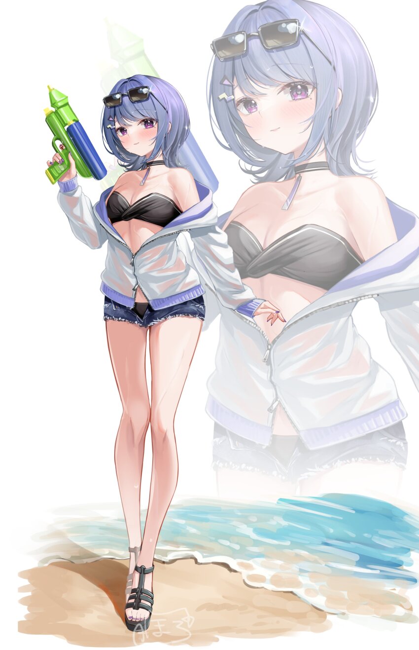 1girl absurdres arm_up bare_shoulders beach bikini bikini_bottom_under_shorts bikini_under_clothes bkini black_bikini black_shoes blue_hair blue_shorts blush breasts center_opening choker cutoffs denim denim_shorts eyewear_on_head flip-flops full_body hair_ornament hairclip highres holding holding_water_gun horo_27 jacket jewelry koshimizu_toru long_sleeves looking_at_viewer micro_shorts mole mole_under_eye necklace nijisanji open_clothes open_shorts purple_eyes sand sandals see-through_clothes shoes short_hair shorts simple_background smile solo strapless strapless_bikini sunglasses swimsuit swimsuit_cover-up torn_clothes torn_shorts virtual_youtuber water_gun white_jacket zipper zoom_layer