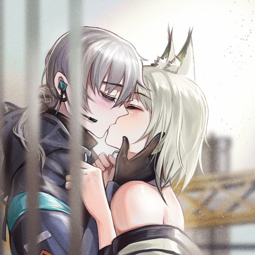 1boy 1girl animal_ear_fluff animal_ears arknights bare_shoulders black_coat black_gloves blush cat_ears closed_eyes coat day doctor_(arknights) french_kiss from_side gloves grey_hair hairtail hand_on_another&#039;s_cheek hand_on_another&#039;s_face headset hetero highres hood hood_down hooded_coat kal&#039;tsit_(arknights) kiss long_hair long_sleeves male_doctor_(arknights) outdoors ponytail short_hair upper_body