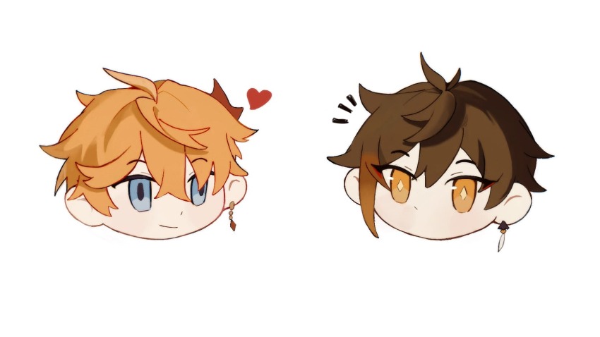 2boys chibi earrings genshin_impact head heart highres jewelry multiple_boys notice_lines single_earring tartaglia_(genshin_impact) white_background zhongli_(genshin_impact)