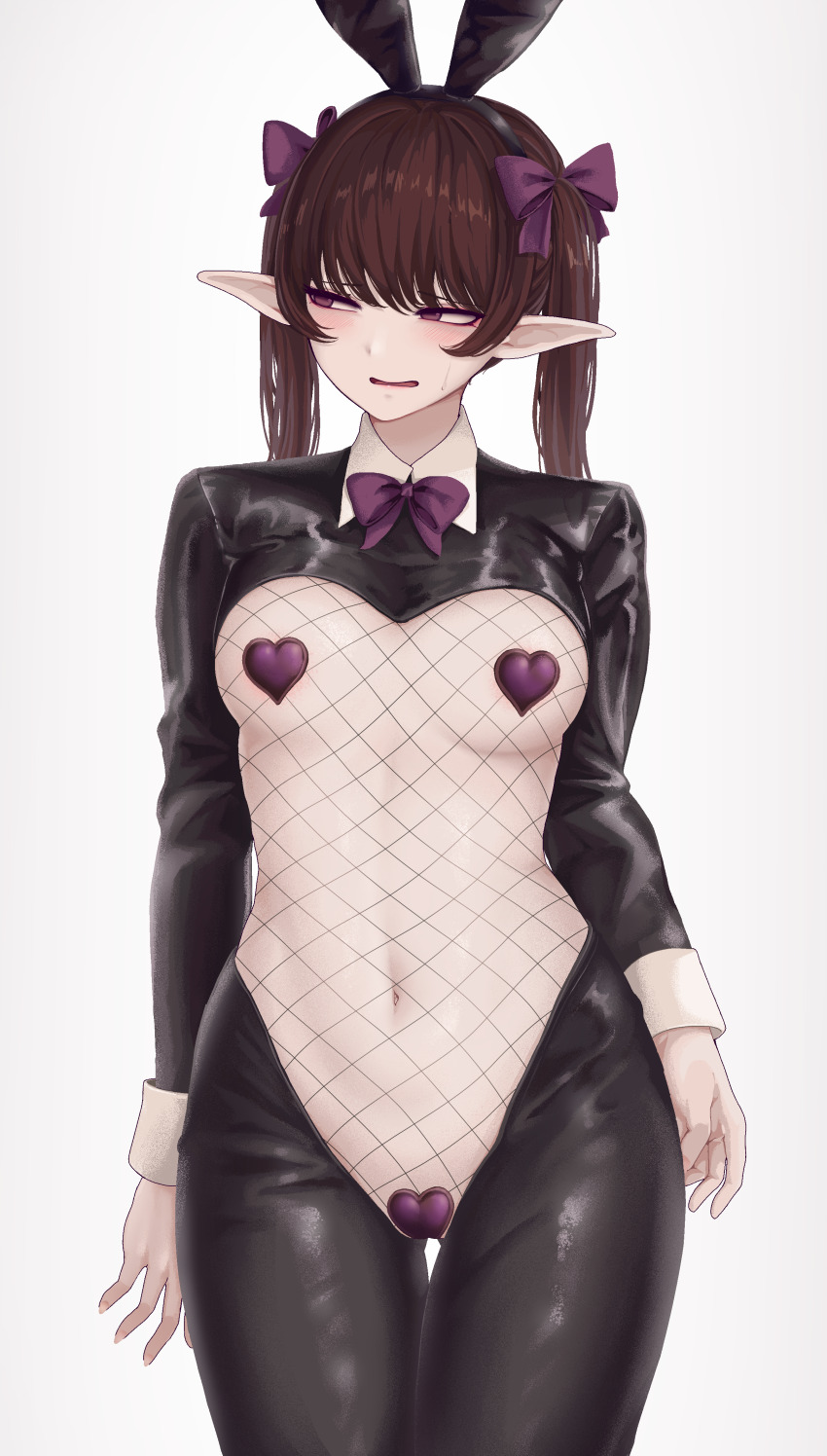 1girl absurdres alternate_costume animal_ears averting_eyes bow breasts brown_hair cowboy_shot crotchless crotchless_pantyhose embarrassed fake_animal_ears fishnets hair_bow heart_maebari heart_pasties highres himekaidou_hatate long_sleeves maebari medium_breasts pantyhose pasties pointy_ears purple_bow purple_eyes rabbit_ears reverse_bunnysuit reverse_outfit shrug_(clothing) simple_background solo son_(c100011) touhou twintails white_background
