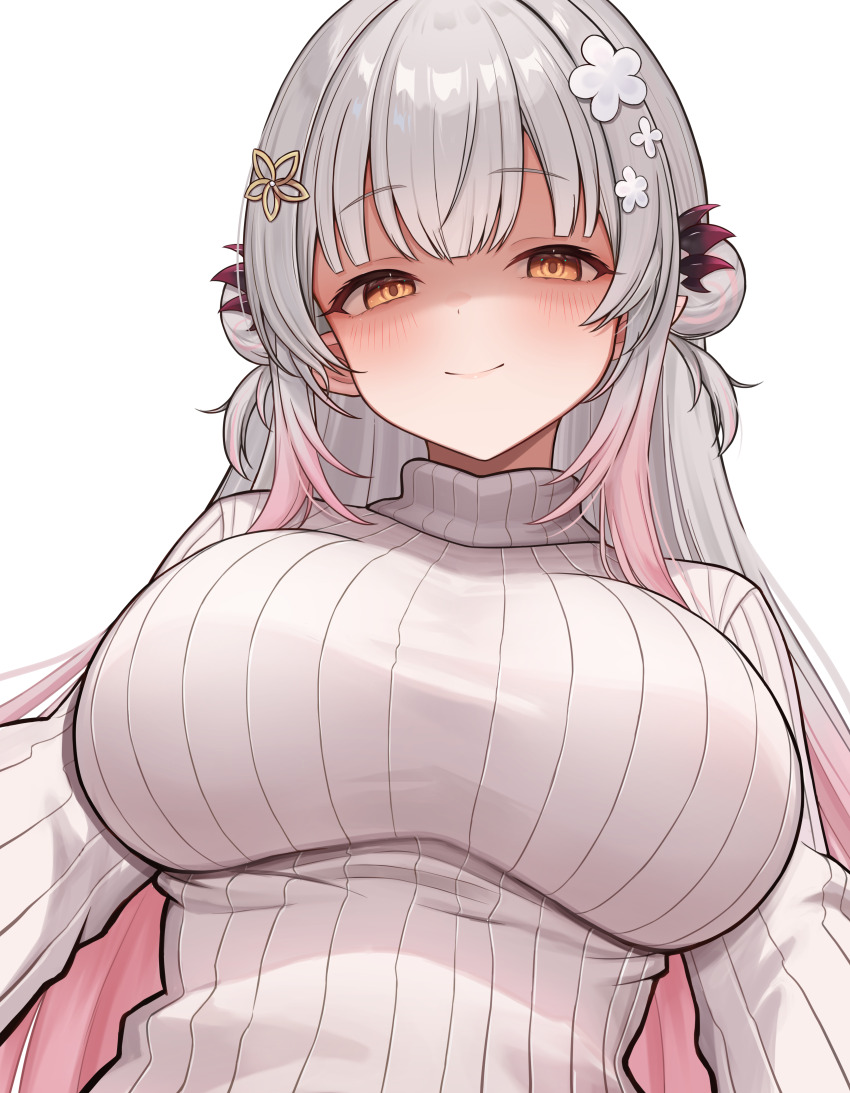 1girl absurdres blush breasts closed_mouth commentary_request daysss double_bun empty_eyes evil_smile flower grey_hair hair_bun hair_flower hair_ornament hairclip headgear highres indie_virtual_youtuber large_breasts long_hair long_sidelocks looking_at_viewer partially_shaded_face pink_hair ribbed_sweater side_up_bun sidelocks simple_background smile solo suou_patra sweater taut_sweater transparent_background turtleneck turtleneck_sweater upper_body virtual_youtuber white_sweater yandere
