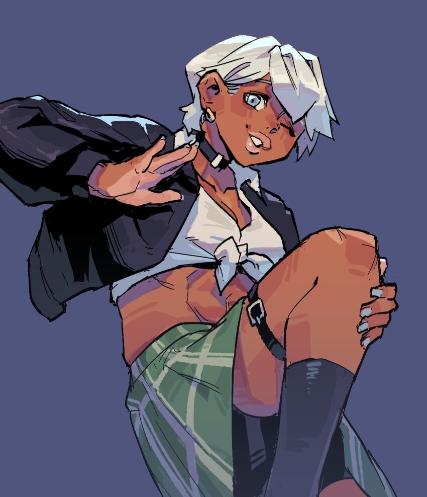 1girl breasts crop_top cropped_jacket dark-skinned_female dark_skin elena_(street_fighter) highres lips long_sleeves looking_at_viewer medium_breasts nycnouu one_eye_closed shirt short_hair standing standing_on_one_leg street_fighter tied_shirt white_hair wink