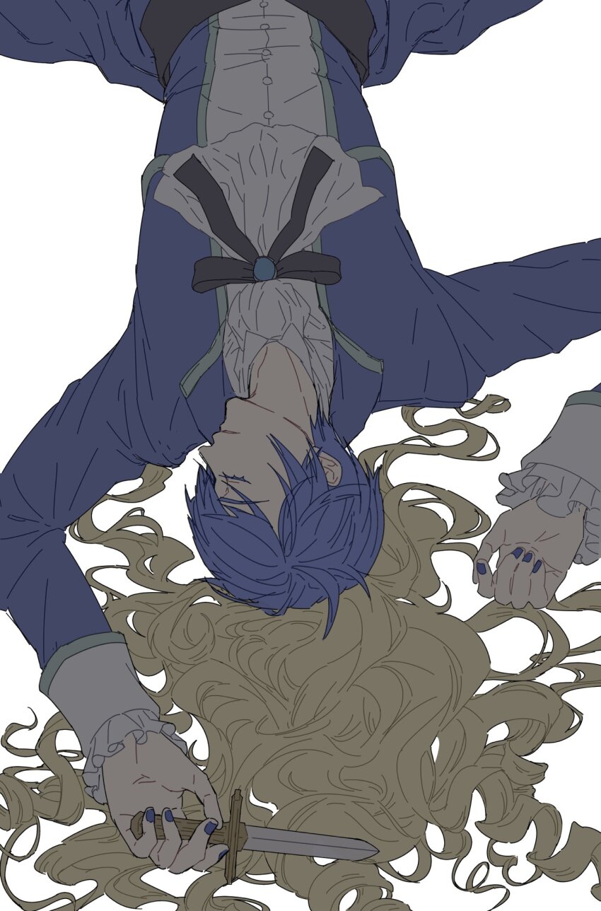 1boy androgynous arms_up ascot blonde_hair blue_hair blue_jacket blue_nails blue_skirt brooch buttons closed_eyes collared_jacket colored_eyelashes commentary crossdressing crossdressing_(mtf) dagger evillious_nendaiki frilled_cuffs grim_the_end highres holding holding_dagger holding_knife holding_weapon jacket jewelry kaito_(vocaloid) karchess_crim knife long_skirt long_sleeves lying nagori_(uusdvedp) on_back pale_skin skirt solo unworn_wig venomania_kou_no_kyouki_(vocaloid) vessel_of_sin vocaloid weapon wig