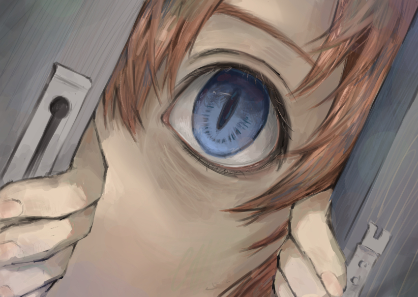1girl blue_eyes close-up door doorway eye_focus from_inside highres higurashi_no_naku_koro_ni horror_(theme) lock looking_at_viewer open_door orange_hair pov_doorway ryuuguu_rena short_hair solo user_kvyg4874