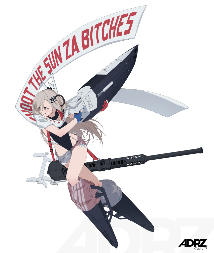 1girl absurdres adrzff7 american_flag american_flag_print anti-aircraft anti-aircraft_gun armored_boots asymmetrical_gloves black_eyes black_one-piece_swimsuit blue_gloves blue_nails blush boots clothes_writing commentary denim denim_skirt flag_print full_body gloves grin gun hair_between_eyes hair_ornament headgear highres holding kantai_collection leg_warmers long_hair mismatched_gloves nail_polish one-piece_swimsuit partially_fingerless_gloves profanity red_gloves red_nails scarf simple_background skirt smile solo star_(symbol) swimsuit twitter_username wahoo_(kancolle) weapon white_background white_scarf
