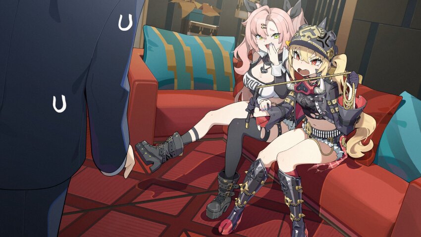 1boy 2girls absurdres anger_vein belt biker_clothes black_boots black_gloves black_shorts black_skirt blonde_hair boots breasts couch crop_top faceless fang fur_trim gloves green_eyes helmet highres holding holding_whip jacket jewelry large_breasts luciana_de_montefio motorcycle_helmet multiple_girls necklace nicole_demara open_clothes open_jacket open_mouth pillow pink_hair red_eyes sharp_teeth short_shorts shorts side_ponytail single_thighhigh sitting skirt small_breasts teeth thighhighs torn_clothes twintails whip xiaotong zenless_zone_zero