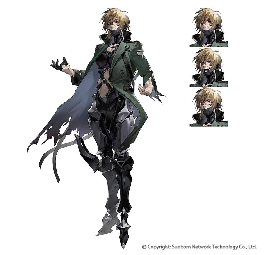 1boy black_sclera blonde_hair reference_sheet coat colored_sclera copyright_notice cyborg fingernails full_body ganglati_(girls&#039;_frontline) girls&#039;_frontline green_coat heterochromia highres long_sleeves looking_at_viewer male_focus metal_jaw multiple_expressions nyto_(girls&#039;_frontline) official_art open_clothes open_coat open_hands paradeus prosthesis prosthetic_fingers prosthetic_leg purple_eyes redsakaone scar scar_on_face short_hair simple_background smile spoilers standing tachi-e torn_clothes torn_coat v-shaped_eyebrows white_background