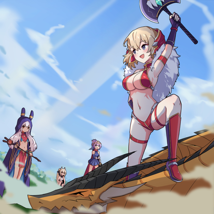 4girls :d absurdres animal_ears animal_hood arm_up armlet armor armored_boots armpits axe ayanami_(azur_lane) ayanami_(dynamic_kick!)_(azur_lane) azur_lane bare_shoulders battle_axe bikini bikini_armor black_gloves black_ribbon black_shorts blonde_hair blue_dress blue_eyes blue_robe blue_sky blush boots breasts capelet chinese_commentary circlet cleavage closed_mouth cloud commentary_request crop_top day dragon dress fake_animal_ears fingerless_gloves flat_chest fur_capelet gauntlets gloves green_eyes groin hair_between_eyes hair_ribbon hand_on_own_hip headgear high_ponytail highleg highleg_bikini highres holding holding_axe holding_staff holding_sword holding_weapon hood hood_up hooded_robe javelin_(a_legend_is_born?!)_(azur_lane) javelin_(azur_lane) jewelry knee_boots laffey_(azur_lane) laffey_(sleepageddon)_(azur_lane) large_breasts long_hair looking_at_another magician medium_hair midriff multiple_girls navel official_alternate_costume on_one_knee one_eye_closed open_clothes open_mouth open_robe orange_eyes outdoors pelvic_curtain ponytail purple_hair rabbit_ears rabbit_hood red_armor red_bikini red_eyes red_scarf revealing_clothes ribbon robe rock_zinc scarf shirt short_hair shorts sidelocks skindentation sky sleeveless sleeveless_dress sleeveless_shirt small_breasts smile staff standing stomach swimsuit sword thigh_strap weapon white_hair white_shirt z23_(azur_lane) z23_(upgrade_failure?!)_(azur_lane)